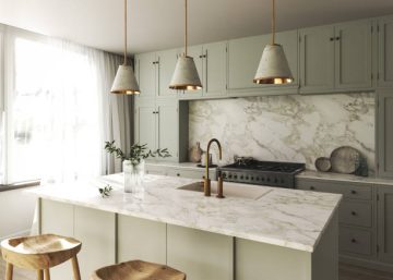 istockphoto-1456242777-612×612 Modern Japandi mock up room interior design and decoration with green pastel counter and cabinet. Wooden chair and twigs in vase. 3d rendering kitchen. High quality 3d illustration.
