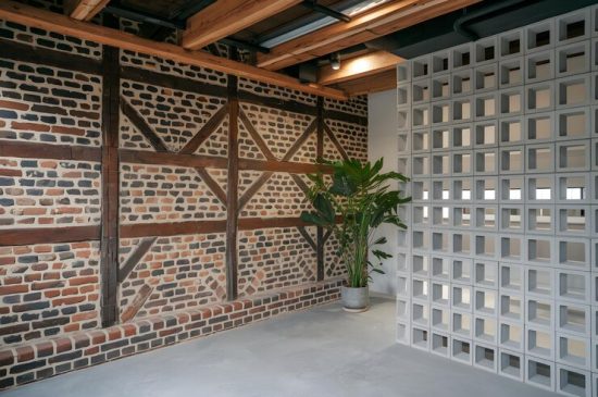 red-brick-wall-wooden-beams-modern-concrete-block-potted-plant_795881-57188